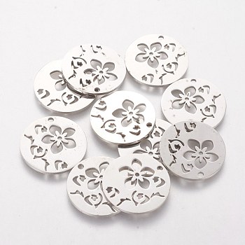 201 Stainless Steel Pendants, Flat Round with Flower, Stainless Steel Color, 20x1.1mm, Hole: 1.5mm