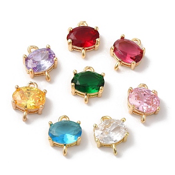 Brass Pave Glass Connector Charms, Oval Links, Golden, Mixed Color, 10x8x4mm, Hole: 1.2mm