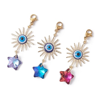 Electroplate Glass Star Pendant Decorations, with Brass Solar Eclipse Links and Resin Evil Eye Cabochons, Mixed Color, 52mm