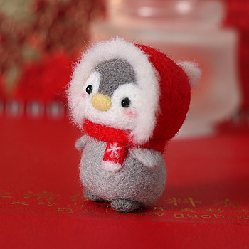 Penguin Pendant Decoration DIY Needle Felting Beginner Kits, including Wool, Felting Needle, Foam Board, Instruction, Christmas Hat, 50mm