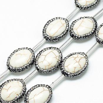 Natural Magnesite Rhinestone Beads, Oval, Creamy White, 20.5~23x6mm, Hole: 1mm