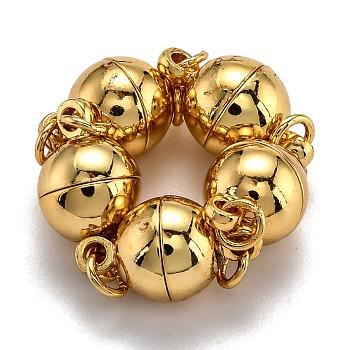 Rack Plating Brass Magnetic Clasps with Loops, N45 Grade Strong Magnet, with Soldered Jump Rings, Long-Lasting Plated, Round, Real 24K Gold Plated, 11.5x6mm, Hole: 1.6mm, Ring: 4x0.5mm