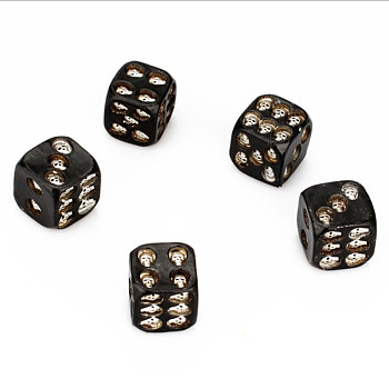 Resin 6 Sided Dices, Cube with Skull, for Table Top Games, Role Playing Games, Math Teaching, Halloween Theme, Silver & Black, 18x18x18mm, 5pcs/set