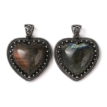 Natural Labradorite Pendants, Heart Charms, with Rack Plating Antique Silver Tone Brass Findings, Cadmium Free & Lead Free, 28.5x27x9mm, Hole: 7x5mm