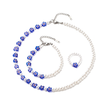 Plastic Imitation Pearl & Millefiori Glass Beaded Finger Ring Bracelet Necklace, Jewelry Set for Women, Blue, 16.14 inch(41cm), 7-1/4 inch(18.5cm), US Size 7 3/4(17.9mm)