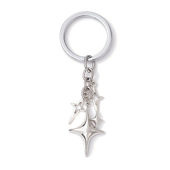 Star Alloy Keychains, with Alloy Split Key Rings, Antique Silver & Platinum, 9.3cm