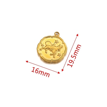 Stainless Steel Pendant, Golden, Flat Round with Constellation Charm, Taurus, 19.5x16mm