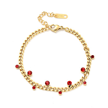 Rhinestone Charms Bracelet with Curb Chains, Gold Plated 304 Stainless Steel Jewelry for Women, Ruby, 6-7/8 inch(17.5cm)