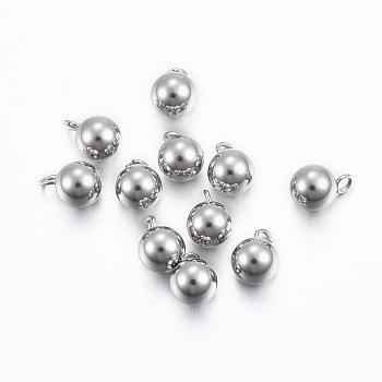 201 Stainless Steel Round Ball Charms, Stainless Steel Color, 9x6mm, Hole: 2mm