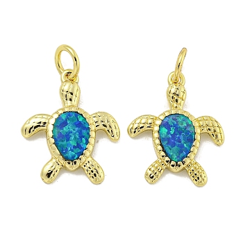 Synthetic Opal Pendants, Rack Plating Brass Turtle Charms with Jump Rings, Cadmium Free & Lead Free, Long-Lasting Plated, Golden, 16.5x13.5x2mm, Hole: 3mm