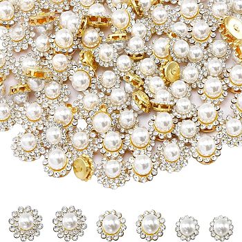 150Pcs 3 Style Flower Sew on Rhinestone, Plastic Rhinestones, with Imitation Pearl & Golden Iron Settings, Golden, 9~13x7.5~8.5mm