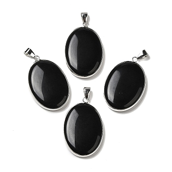 Natural Obsidian Pendants, Oval Charms with Platinum Plated Metal Findings, 39.5x26x6mm, Hole: 7.6x4mm
