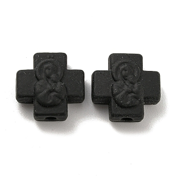 Spray Painted Alloy Beads, Rubberized Style, Cross with Saint, Religion, Black, 13x13x6mm, Hole: 2mm