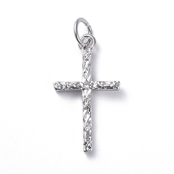Brass Micro Pave Cubic Zirconia Pendants, Long-Lasting Plated, Cross, Clear, Real Platinum Plated, 20x11x1.9mm, Hole: 3.5mm
