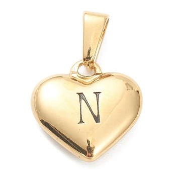 304 Stainless Steel Pendants, Heart with Black Letter, Golden, Letter.N, 16x16x4.5mm, Hole: 7x3mm