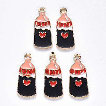 Alloy Enamel Pendants, Milk Bottle with Heart, Light Gold, Black, 23x9.5x1.5mm, Hole: 1.5mm