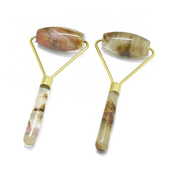 Synthetic Tigerskin Glass Brass Face Massager, Facial Rollers, Golden, 140.5x62.5x25mm