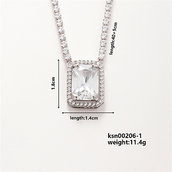 Elegant Brass Micro Pave Cubic Zirconia Pendant Necklaces, Rhinestone Cup Chains Necklaces for Women, Rectangle, 15.75 inch(400mm)