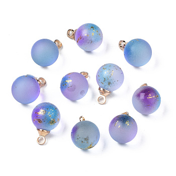 Two Tone Transparent Spray Painted Glass Pendants, with Light Gold Plated Brass Loop, Frosted, with Glitter Powder, Round, Dodger Blue, 12x8mm, Hole: 2mm