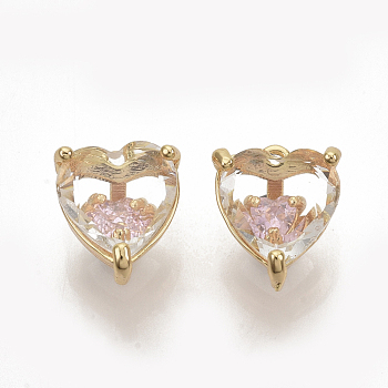 Brass Cubic Zirconia Charms, Nickel Free, Heart, Real 18K Gold Plated, Pearl Pink, 10x8.5x6.5mm, Hole: 1mm