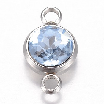 Glass Links connectors, Faceted, with 304 Stainless Steel Findings, Flat Round, Stainless Steel Color, Light Sapphire, 17.5x10x6.5mm, Hole: 2.5mm