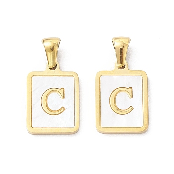 Ion Plating(IP) 304 Stainless Steel Pave Shell Pendants, Rectangle Charm, Real 18K Gold Plated, Letter C, 17.5x12x1.5mm, Hole: 3x5mm