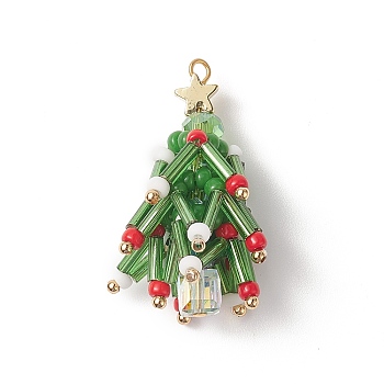 Christmas Theme Glass Seed Beads Pendants, with Golden Brass Findings, Tree, Green, 35x18mm, Hole: 2mm