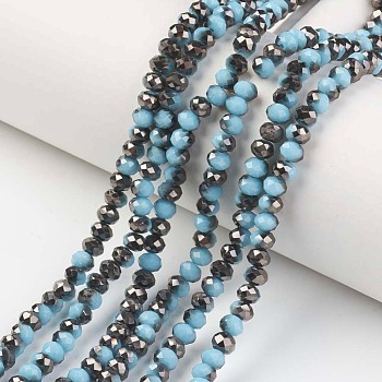 Electroplate Opaque Glass Beads Strands, Half Black Plated, Faceted, Rondelle, Light Sky Blue, 6x5mm, Hole: 1mm, about 85~88pcs/strand, 16.1~16.5 inch(41~42cm)