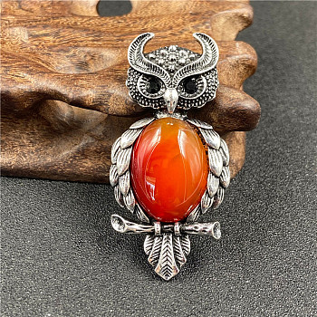 Antique Silver Owl Brooch Pins, with Natural Carnelian, 69x23mm