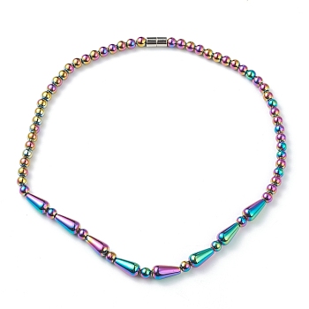 Electroplate Non-Magnetic Synthetic Hematite Beaded Necklaces, with Alloy Magnetic Clasps, Round & Teardrop, Rainbow Color, 18.70 inch(47.5cm)