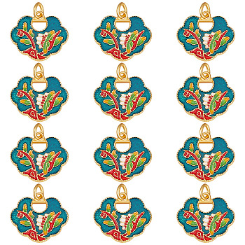 Alloy Enamel Pendants, Cadmium Free & Lead Free, with Jump Rings, Matte Gold Color, Auspicious Clouds Lock with Flower, Dark Green, 17x19.5x2.5mm, Jump Ring: 5x1mm, 3mm inner diameter, 12pcs/box