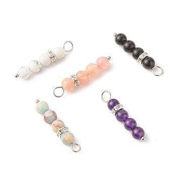 Gemstone Beaded Pendants, with 304 Stainless Steel Findings & Brass Rhinestone Spacer Beads, Strip, Stainless Steel Color, 31x6mm, Hole: 4.4mm