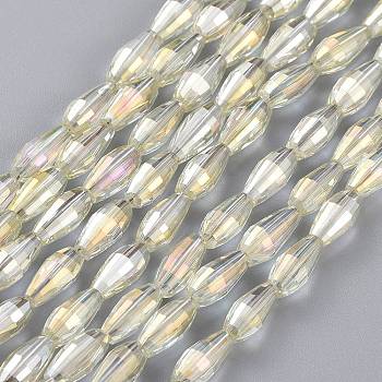 Electroplated Glass Beads Strands, Full Rainbow Plated, Rice Shape, Champagne Yellow, 8.5x4mm, Hole: 1mm, about 72pcs/Strand, 24.57''(62.4cm)