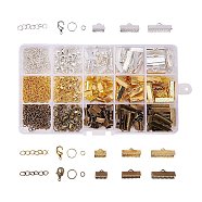 Jewelry Findings Kits, with Iron Ribbon Ends, Brass Lobster Claw Clasps, Iron Jump Rings and Iron Ends with Twist Extender Chains, Mixed Color, Ribbon End: 10~20x7~8x5mm, Hole: 1~2mm, Jump Ring: 4/8x0.7mm, Clasp: 12x7x3mm, Hole: 1mm, Chain: 45~55x3.5mm(FIND-PH0004-04)