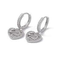 Clear Cubic Zirconia Heart with Snake Dangle Hoop Earrings, Brass Drop Earrings for Women, Platinum, 27mm, Pin: 0.7mm(KK-E068-VA089-1)
