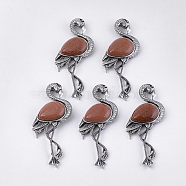Synthetic Goldstone Brooches/Pendants, with Alloy Findings, Flamingo Shape, Antique Silver, 83.5x38x12mm, hole: 4x3mm, Pin: 0.7mm(G-S353-06G)
