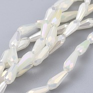 Electroplated Opaque Glass Beads Strands, Full Rainbow Plated, Faceted, Teardrop, White, 9~10x4mm, Hole: 0.8mm, about 70~72pcs/strand, 25.98 inch~27.95 inch(66~71cm)(X-EGLA-L015-FR-B11)