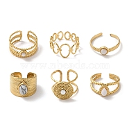 6Pcs 6 Style Oval & Flat Round & Teardrop 304 Stainless Steel Open Cuff Rings Set, Natural White Jade Stackable Rings, Real 18K Gold Plated, Inner Diameter: 17~18.4mm, 1Pc/style(RJEW-P092-09G-M)
