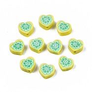 Handmade Polymer Clay Beads, Heart with Flower Pattern, Green Yellow, 9x9~10x4~5mm, Hole: 1.5mm(CLAY-N011-013H)