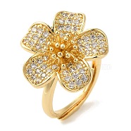 Rack Plating Flower Brass Micro Pave Clear Cubic Zirconia Adjustable Rings, Long-Lasting Plated, Lead Free & Cadmium Free, Golden, US Size 8 1/2(18.5mm)(RJEW-S413-01G)