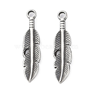 304 Stainless Steel Pendants, Feather Charm, Antique Silver, 21.5x5x1.5mm, Hole: 1.6mm(STAS-L022-399AS)