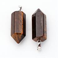 Brass Natural Tiger Eye Pendants, Bullet, Platinum, Pointed Pendant, 33~36x12mm, Hole: 5x7mm(G-O160-03F)