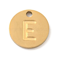 Ion Plating(IP) 304 Stainless Steel Pendants, Laser Cut, Flat Round with Letter Charm, Golden, Letter E, 10x1mm, Hole: 1.4mm(FIND-M017-02G-E)