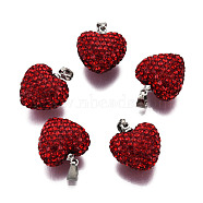 Polymer Clay Rhinestone Pendants, with Platinum Tone Iron Pinch Bail, Heart, Siam, PP10(1.6~1.7mm), 15.5~16.5x15x10mm, Hole: 2.5x4.5mm(RB-S055-10-01)