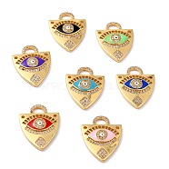 Brass Micro Pave Clear Cubic Zirconia Pendants, with Enamel, Long-Lasting Plated, Shield with Evil Eye, Real 18K Gold Plated, Mixed Color, 23x17.5x3mm, Hole: 4.5x3.5mm(ZIRC-I054-21G)