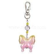 Acrylic Butterfly Pendants Decorations, with Alloy Swivel Lobster Claw Clasps, Platinum, Champagne Yellow, 90mm(HJEW-JM01595-02)
