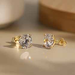925 Sterling Silver Micro Pave Clear Cubic Zirconia Stud Earrings, Flat Round, Real 14K Gold Plated, 8mm(EJEW-G443-05G)
