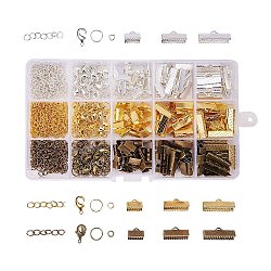 Jewelry Findings Kits, with Iron Ribbon Ends, Brass Lobster Claw Clasps, Iron Jump Rings and Iron Ends with Twist Extender Chains, Mixed Color, Ribbon End: 10~20x7~8x5mm, Hole: 1~2mm, Jump Ring: 4/8x0.7mm, Clasp: 12x7x3mm, Hole: 1mm, Chain: 45~55x3.5mm(FIND-PH0004-04)