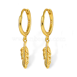 925 Sterling Silver Dangle Hoop Earrings, Feather, with S925 Stamp, Real 18K Gold Plated, 24mm(RO4900-1)