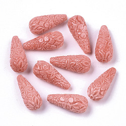 Carved Sea Bamboo Coral(Imitation Coral) Beads, Dyed, Teardrop with Flower, Light Coral, 20x8.5mm, Hole: 1mm(X-CORA-R020-07)